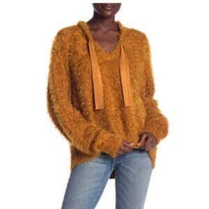 Free People Light as a Feather Fuzzy Hooded Sweater in Gold